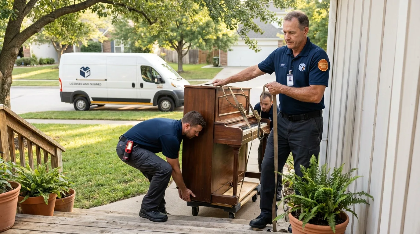 Licensed piano movers securing grand piano in Ridgefield Park, NJ