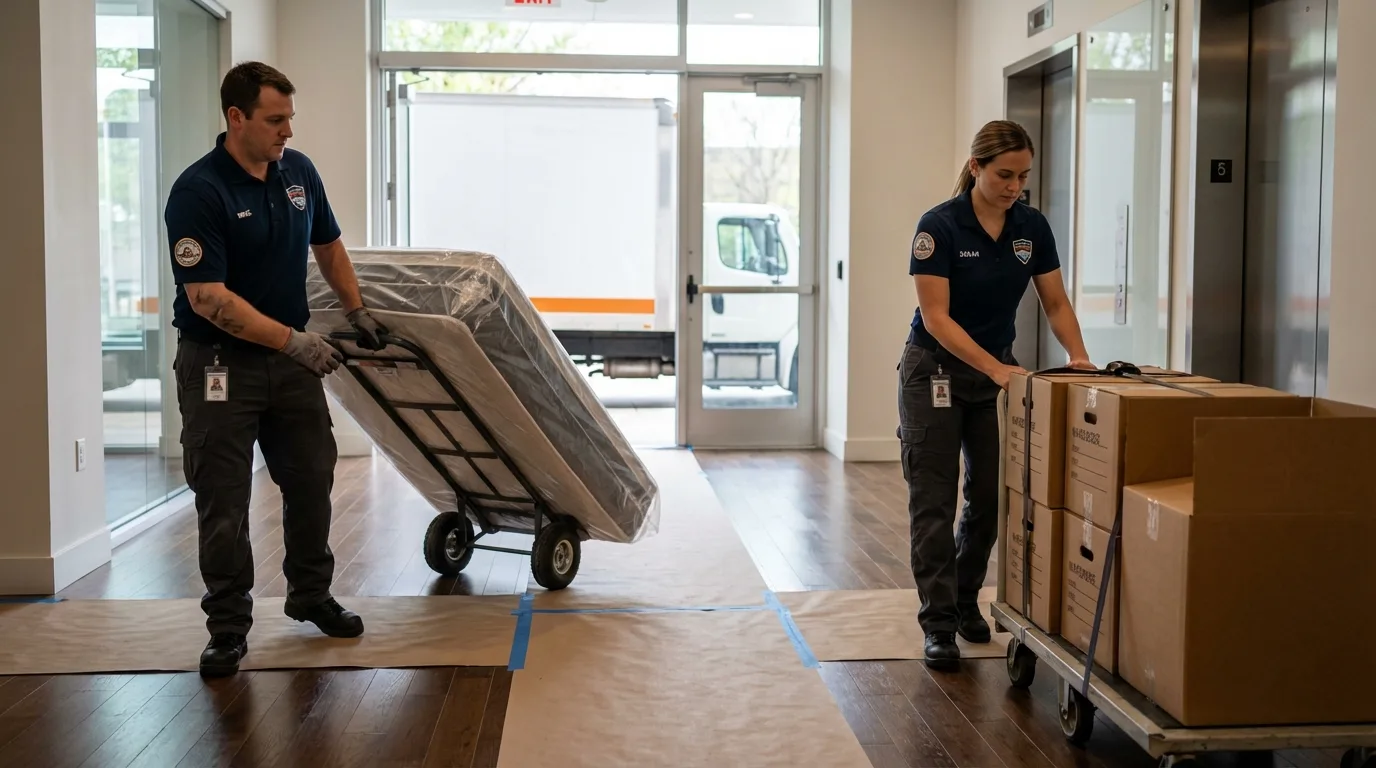 Professional apartment movers loading elevator in Ridgefield Park, NJ