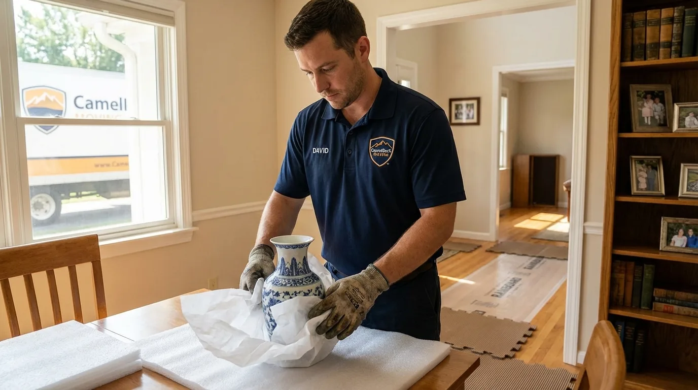 Professional crew carefully wrapping antique vase for senior downsizing move in Ridgefield Park, NJ